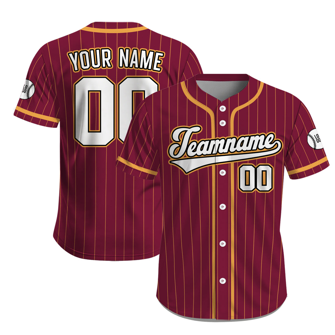 Custom Pinstripe Baseball Jersey, Maroon and Yellow Classic Baseball Shirt with Personalized Name and Number