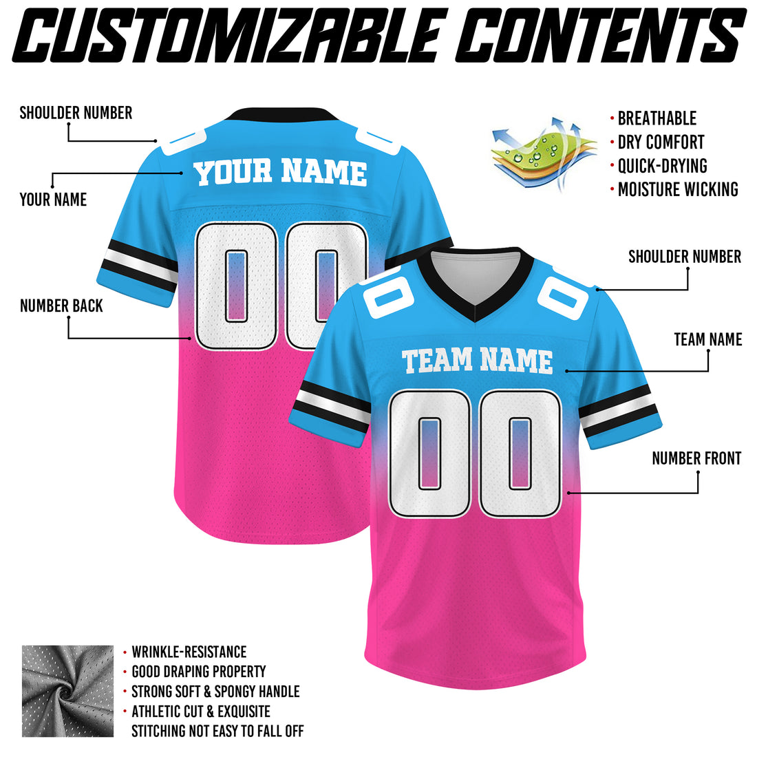 Custom Light Blue Pink Gradient Football Jersey, Personalized Team Name Number Football Jersey for Men Women Youth