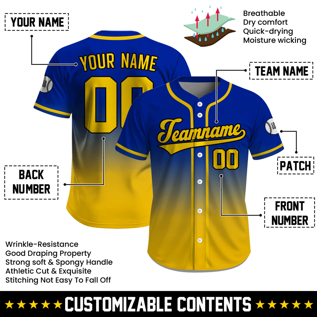 Custom Blue Yellow Gradient Baseball Jersey, Personalized Name Number Baselball Uniform for Men Women Youth