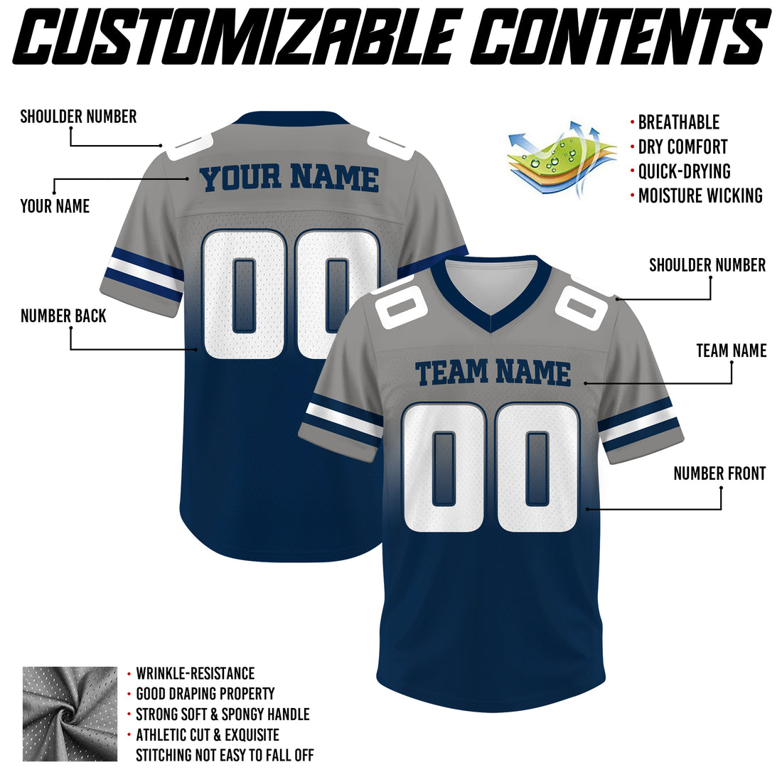 Custom Gray Navy Blue Gradient Football Jersey, Personalized Team Name Number Football Jersey for Men Women Youth