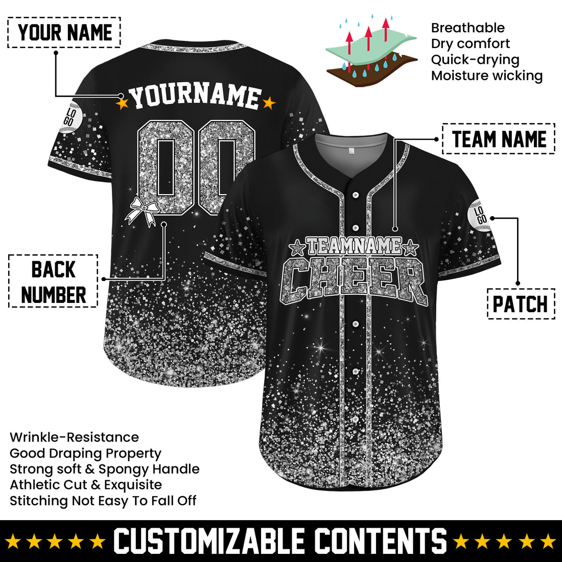 Custom Black Glitter Cheer Baseball Jersey for Adult Kid, Personalized Name Ribbon Baseball Jersey for Cheer Leader Team