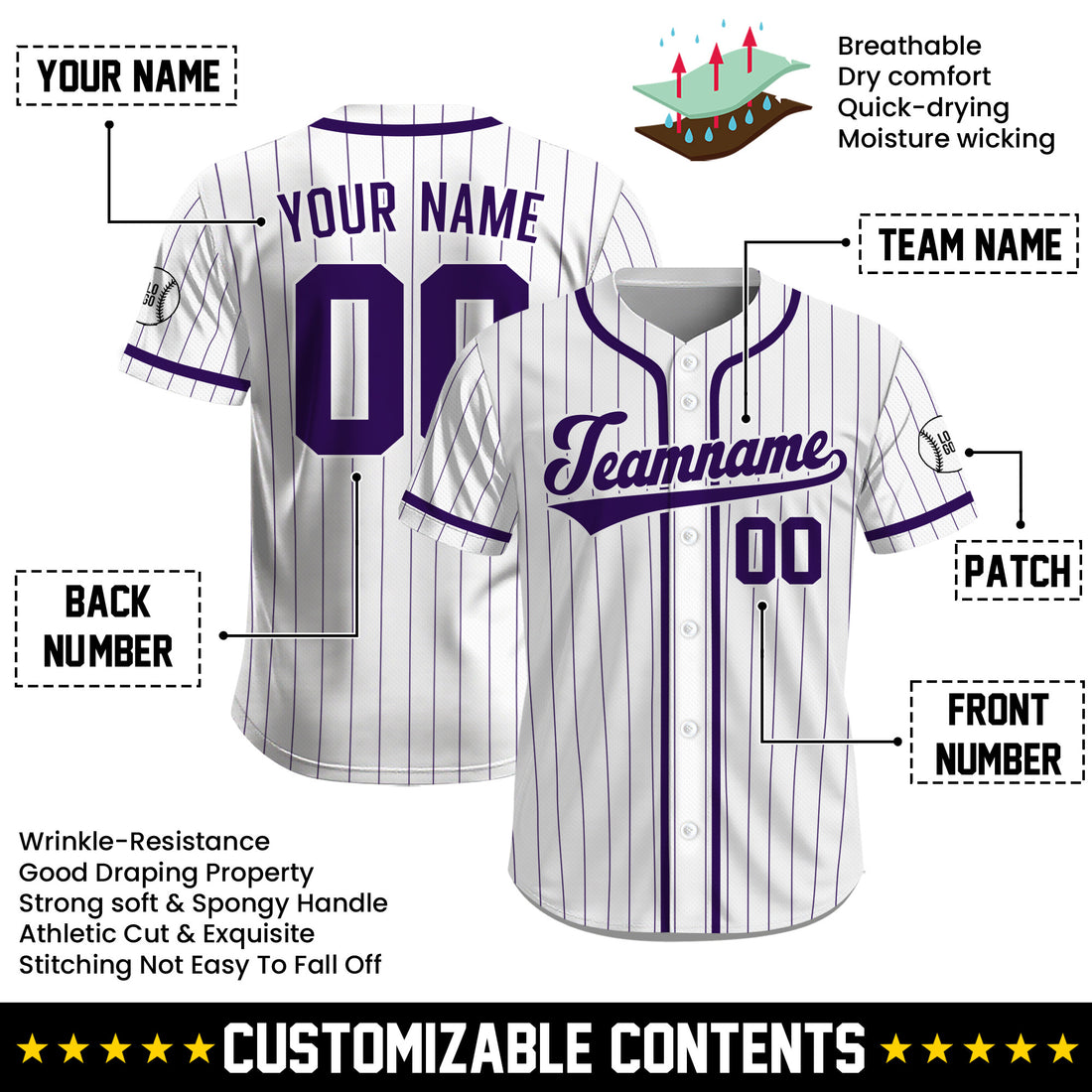 Custom Classic White Purple Pinstripe Baseball Jersey, Personalized Name Number Baseball Uniform for All Ages