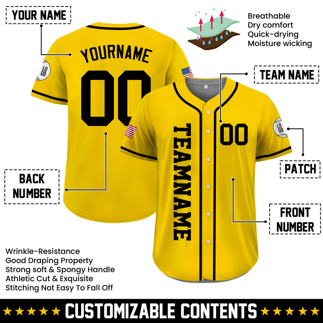 Custom Yellow and Black Baseball Jersey, Personalized Team Uniforms for Men, Women & Youth Fans