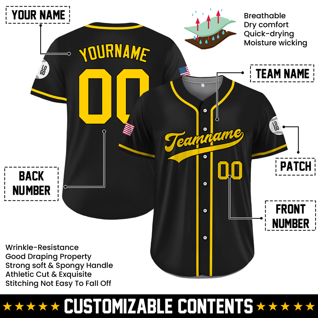 Custom Black and Yellow Baseball Jersey, Personalized Team Uniforms for Men, Women & Youth Fans