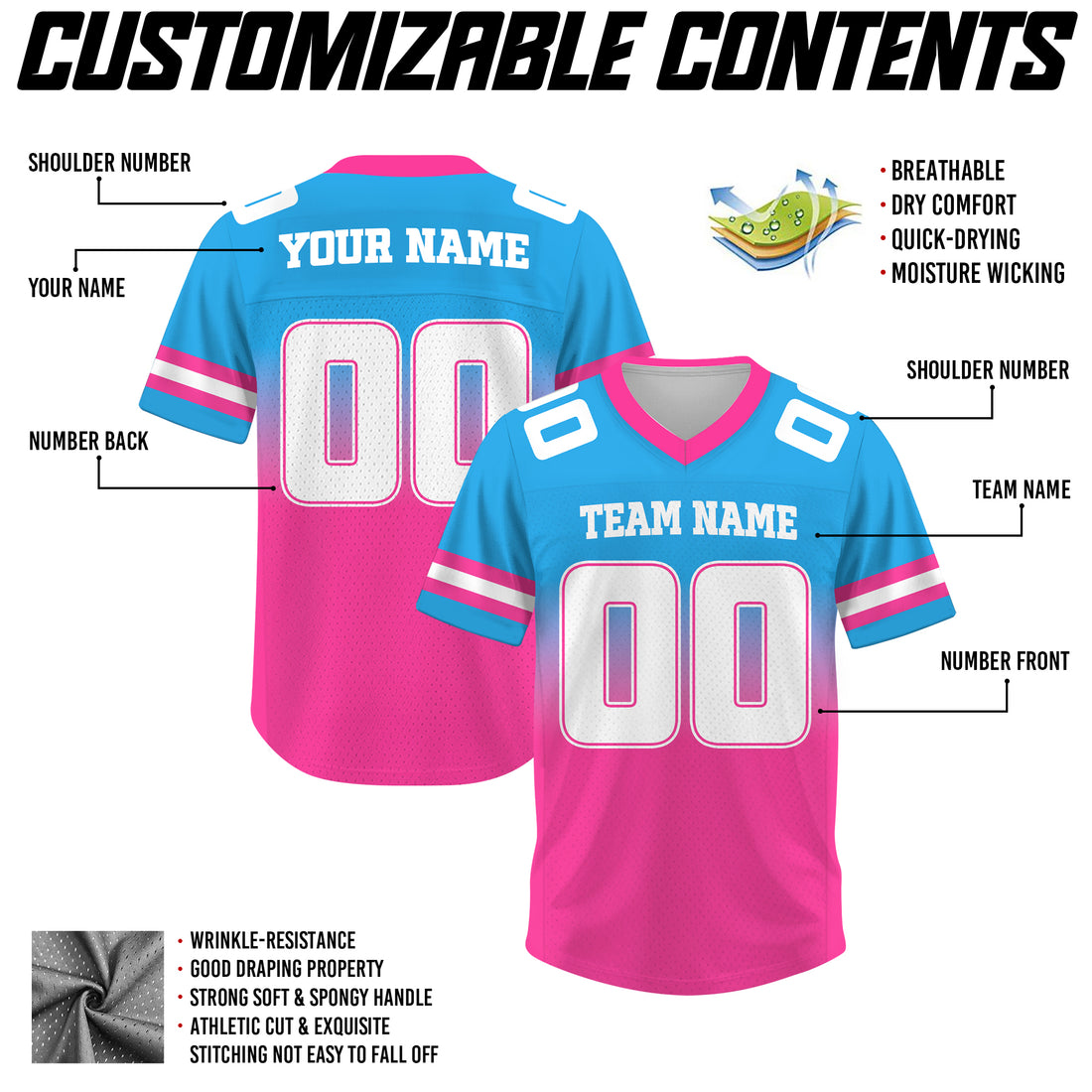 Custom Aqua Blue Pink Gradient Football Jersey, Personalized Team Name Number Football Jersey for Men Women Youth