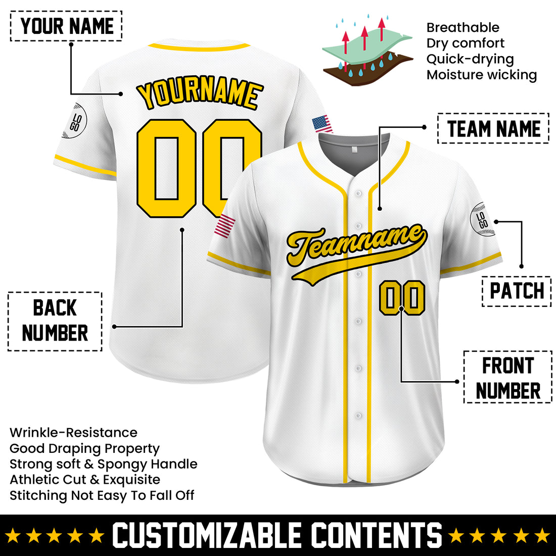 Custom White Baseball Jersey with Yellow Trim, Personalized Gift for Men, Women, Dad, Sports Fans