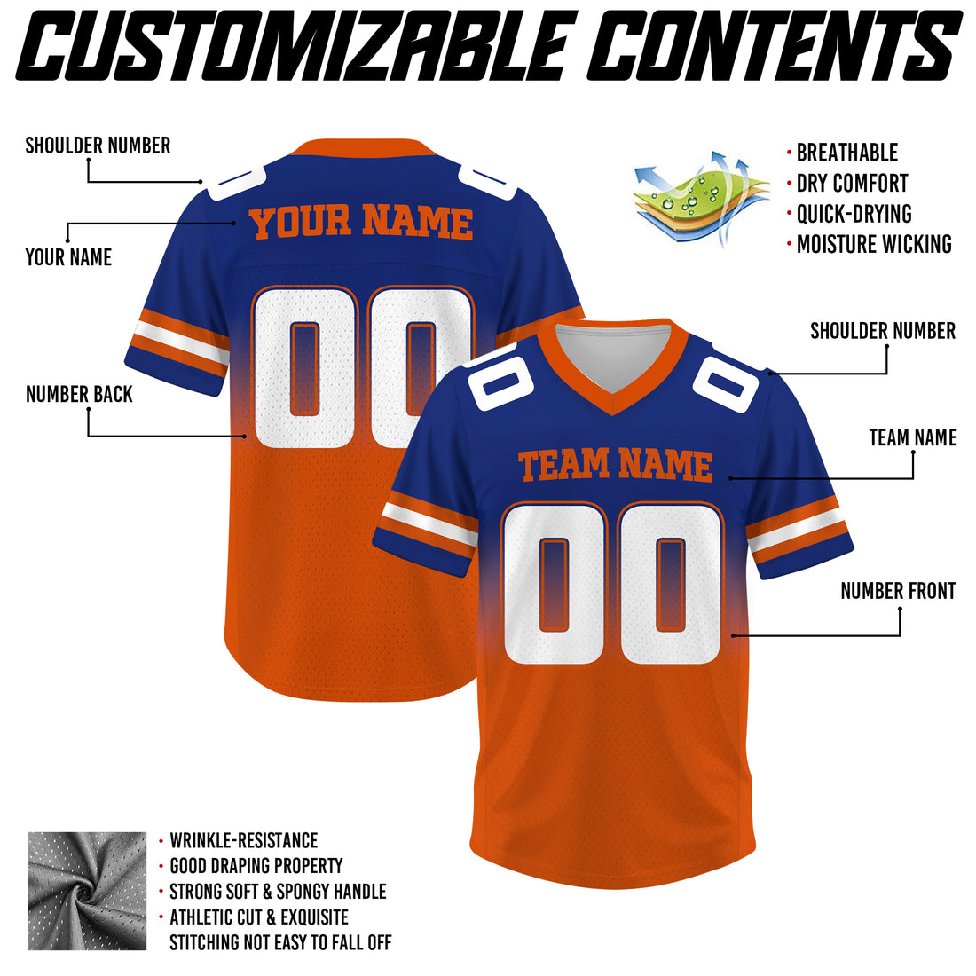 Custom Royal Blue Orange Gradient Football Jersey, Personalized Team Name Number Football Jersey for Men Women Youth