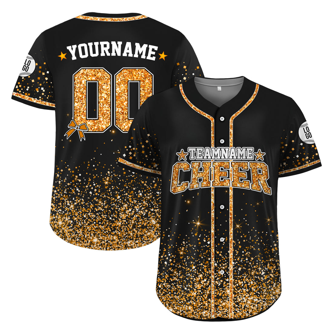 Custom Black Gold Glitter Cheer Baseball Jersey for Adult Kid, Personalized Name Cheer Ribbon Baseball Jersey for Cheer Team