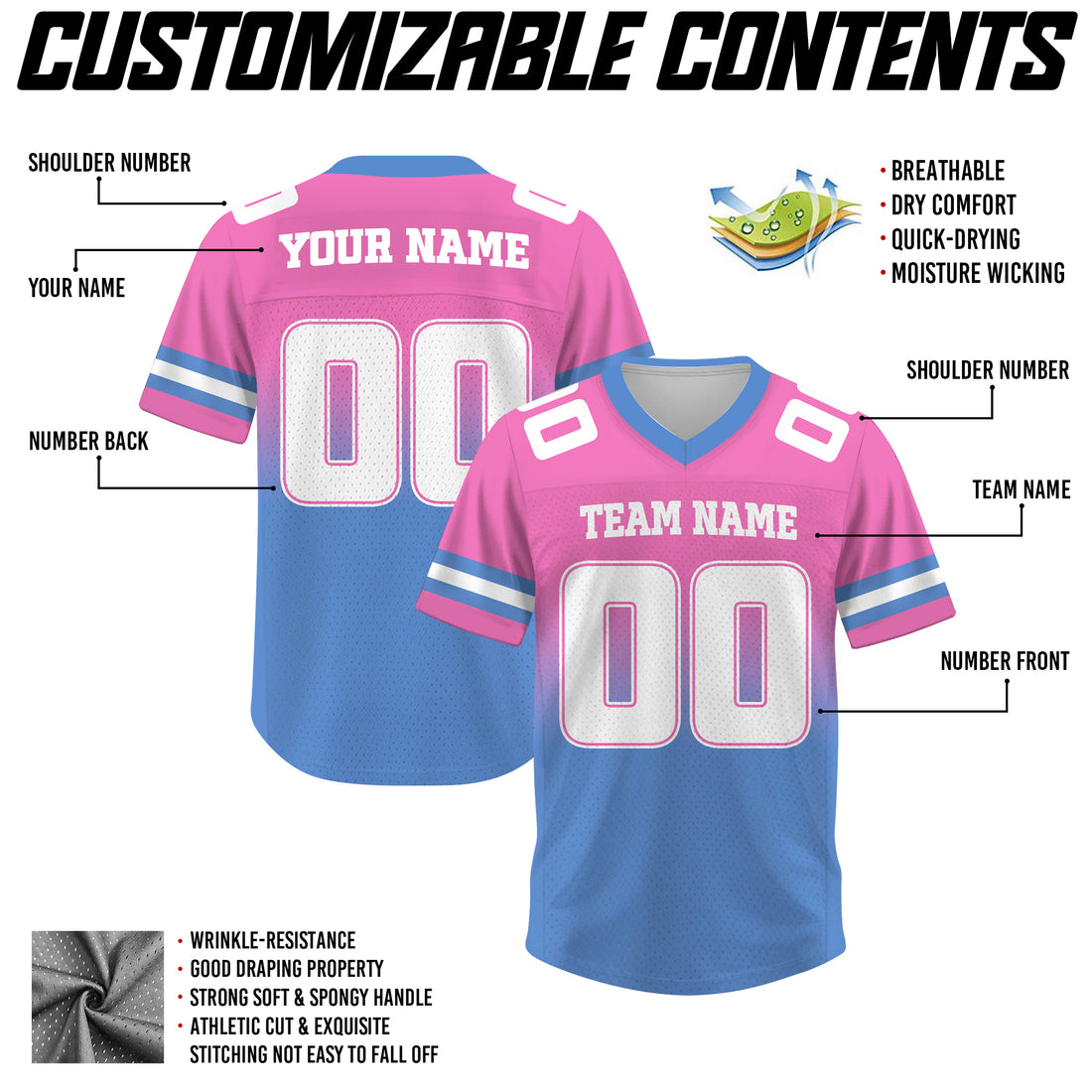 Custom Pink Light Blue Gradient Football Jersey, Personalized Team Name Number Football Jersey for Men Women Youth