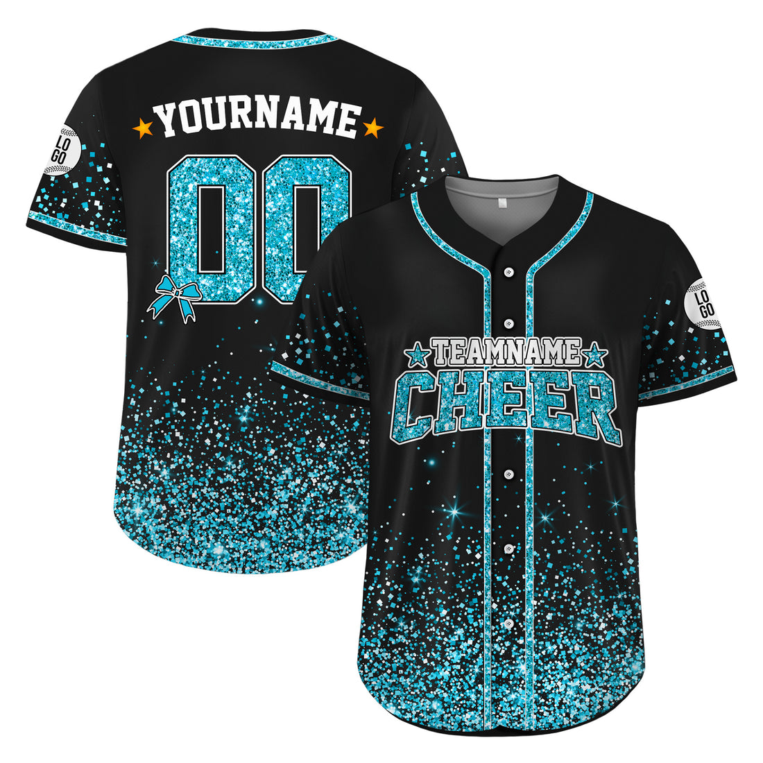 Custom Black Teal Glitter Cheer Baseball Jersey for Adult Kid, Personalized Name Ribbon Baseball Jersey for Cheer Leader Team