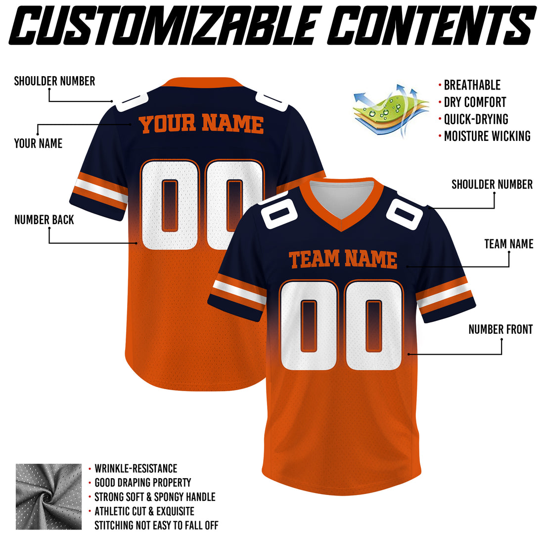 Custom Navy Blue Orange Gradient Football Jersey, Personalized Team Name Number Football Jersey for Men Women Youth