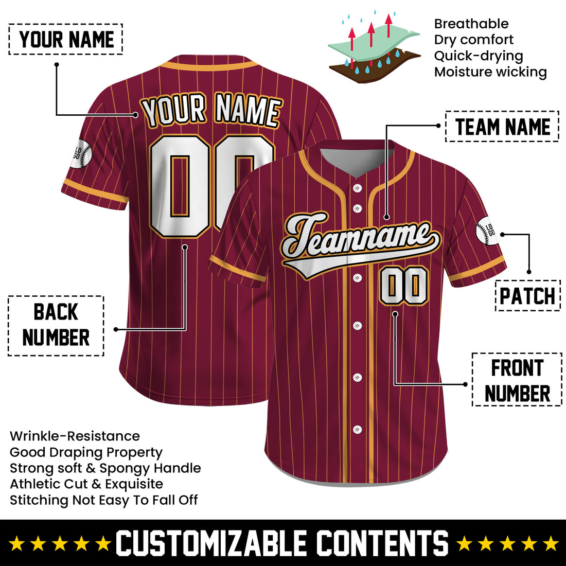Custom Pinstripe Baseball Jersey, Maroon and Yellow Classic Baseball Shirt with Personalized Name and Number