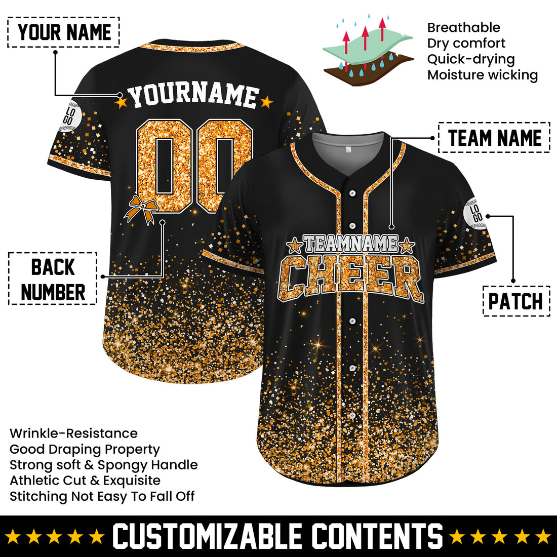 Custom Black Gold Glitter Cheer Baseball Jersey for Adult Kid, Personalized Name Cheer Ribbon Baseball Jersey for Cheer Team