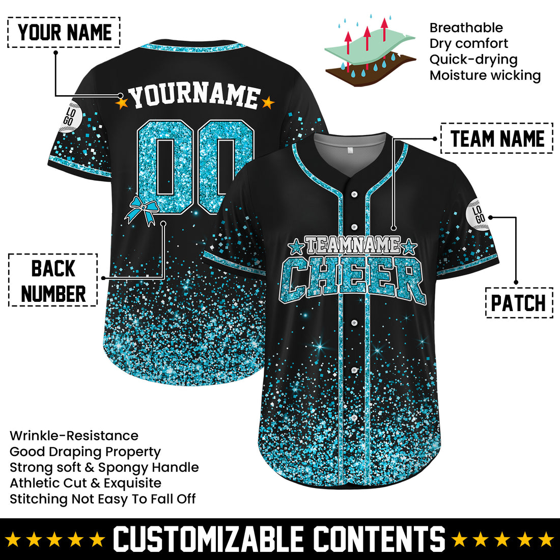 Custom Black Teal Glitter Cheer Baseball Jersey for Adult Kid, Personalized Name Ribbon Baseball Jersey for Cheer Leader Team
