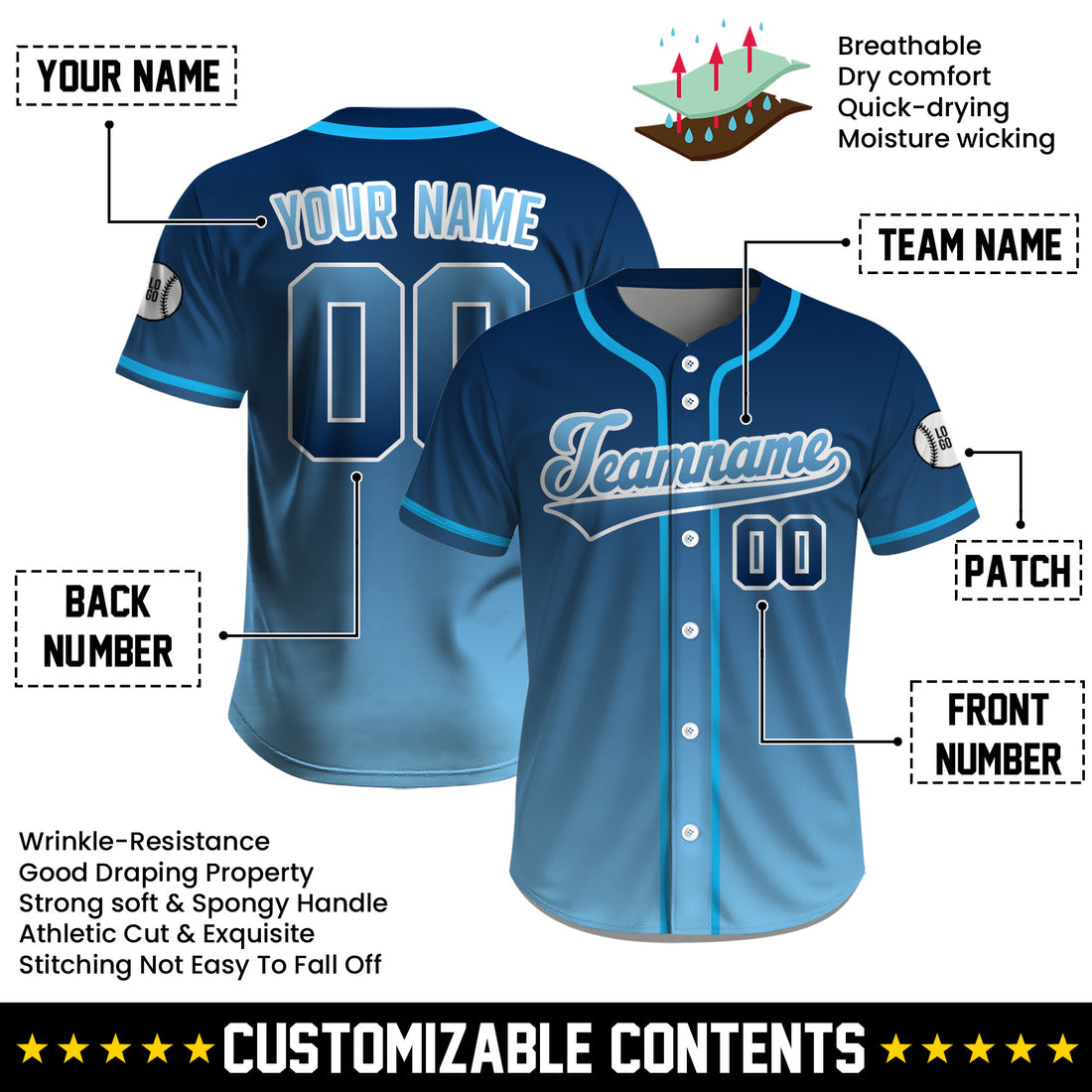 Classic Style Blue Gradient Baseball Shirt, Custom Name Number Baseball Jersey for Men Women Youth