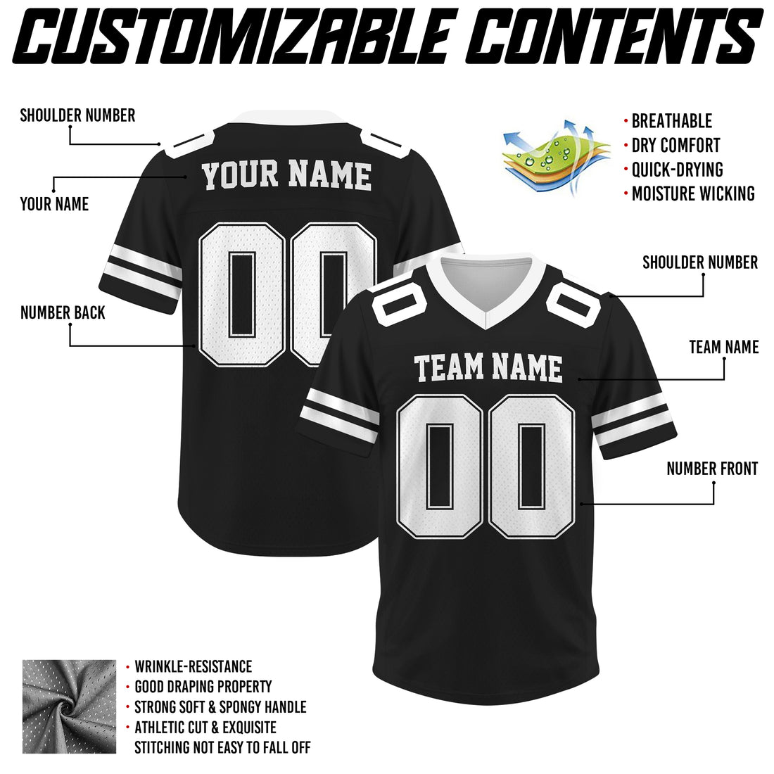 Custom Black Football Jersey, Personalized Football Jersey Shirt For Adult Kid