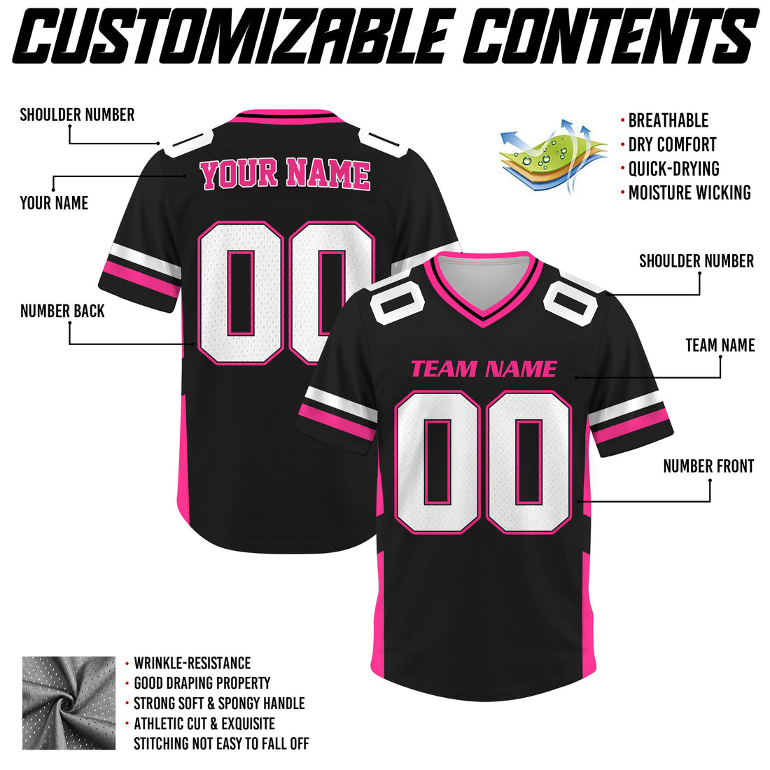 Custom Black Pink Football Jersey, Personalized Name Number Logo Football Jerseys for Men Women Youth