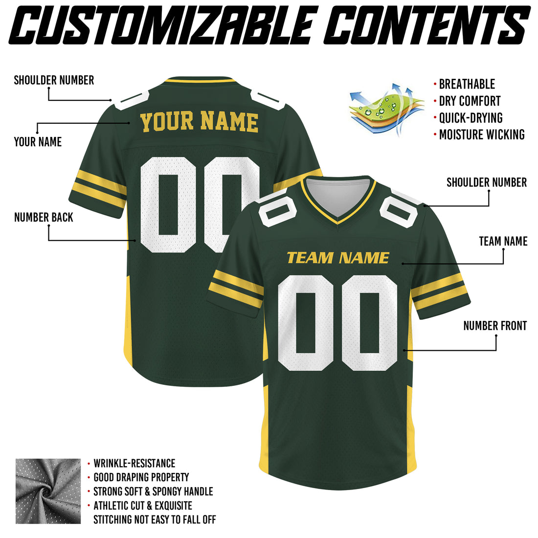 Custom Green Gold Football Jersey, Custom Jersey Gift for Men Women Kid