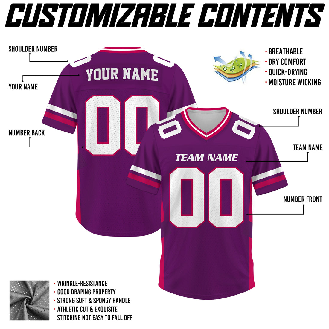 Custom Purple Pink Football Jersey, Personalized Football Jersey Shirt For Adult Kid