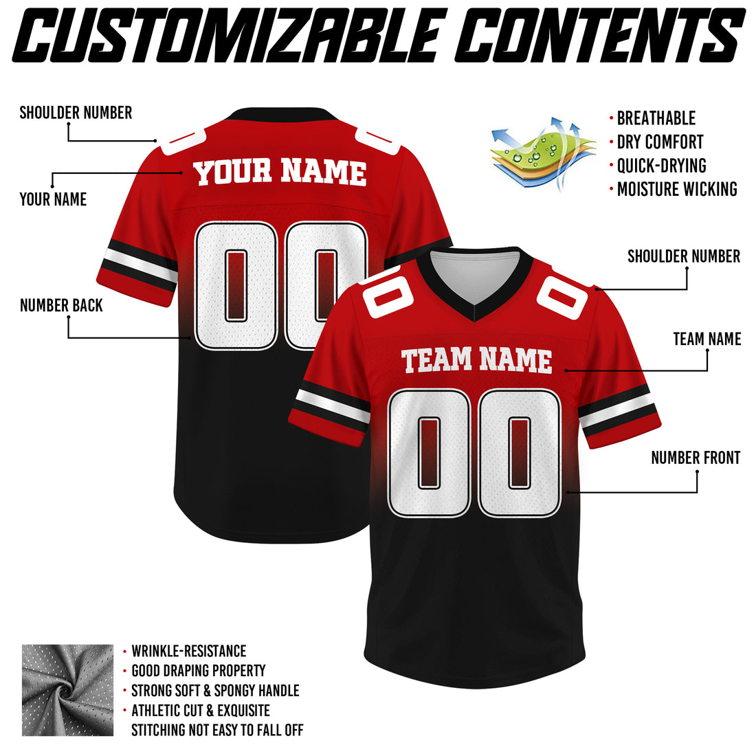 Custom Red Black Gradient Football Jersey, Personalized Team Name Number Football Jersey for Men Women Youth