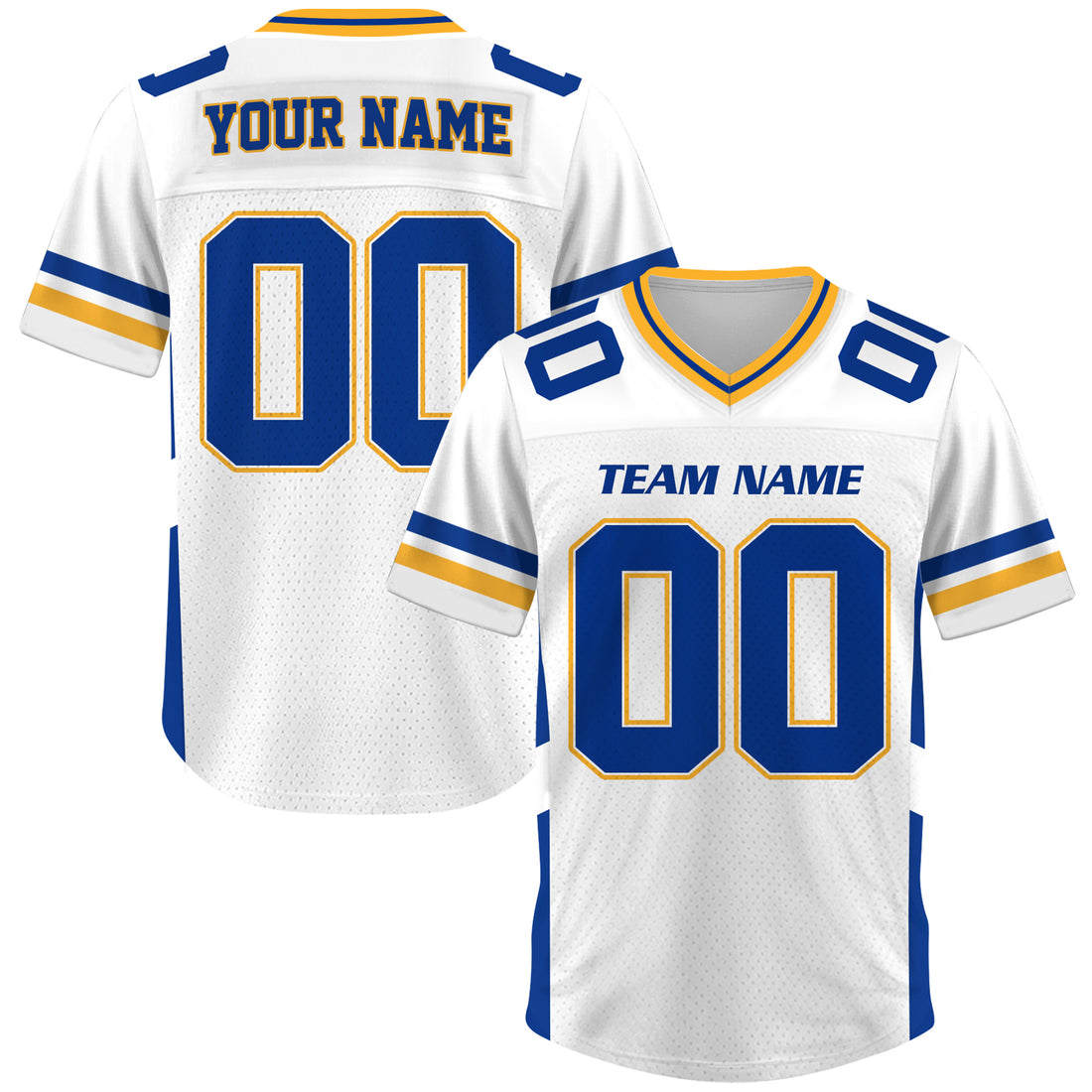 Custom White Blue Gold Football Jersey, Personalized Team Name & Number Football Jersey for Men Women Youth