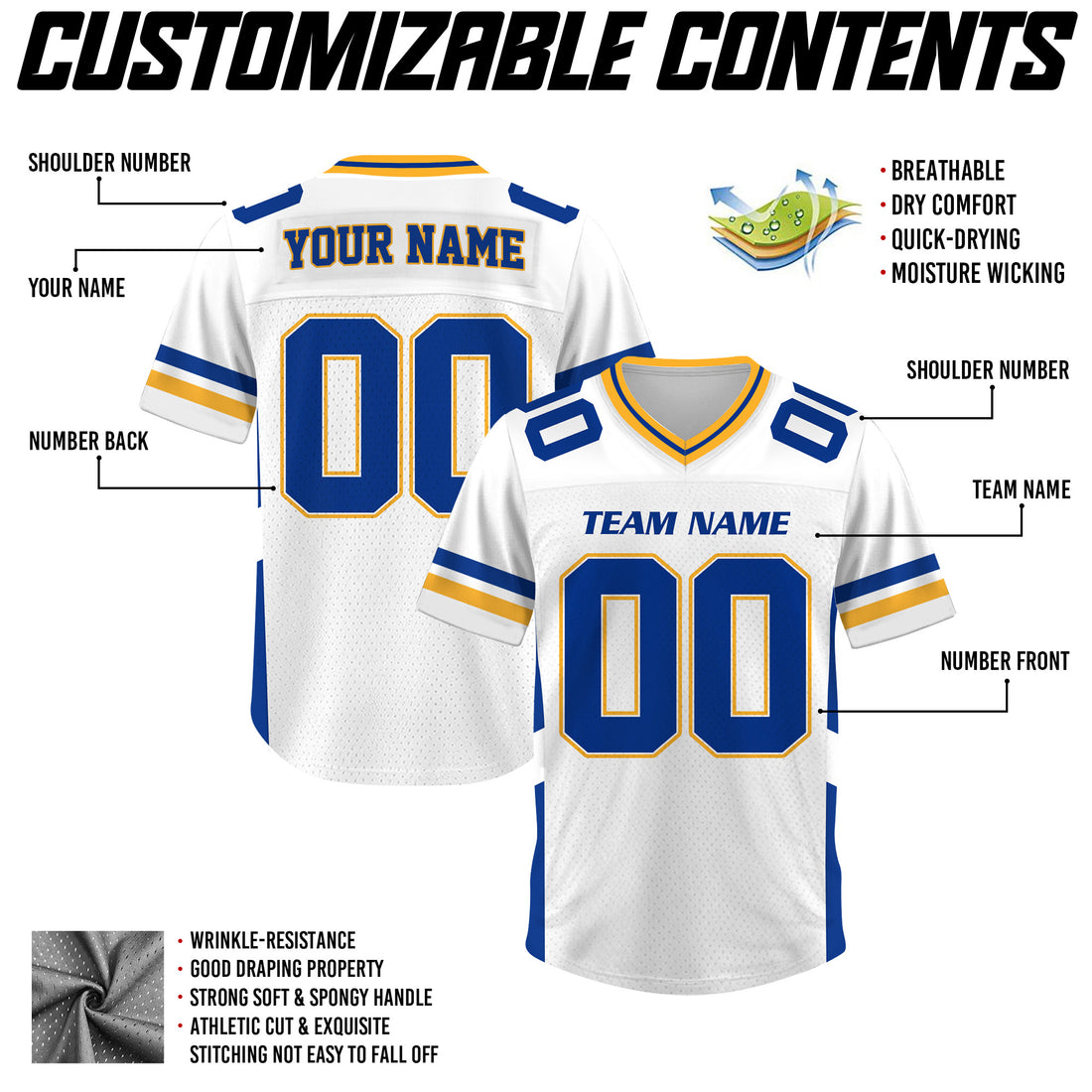 Custom White Blue Gold Football Jersey, Personalized Team Name & Number Football Jersey for Men Women Youth