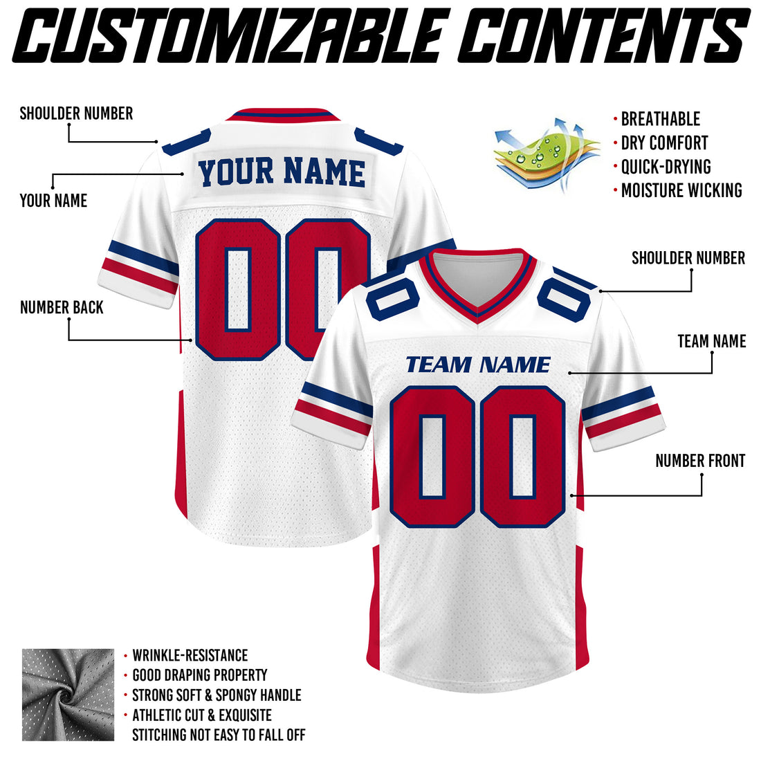 Custom White Red Blue Football Jersey, Game Day Outfit For American Football Fan