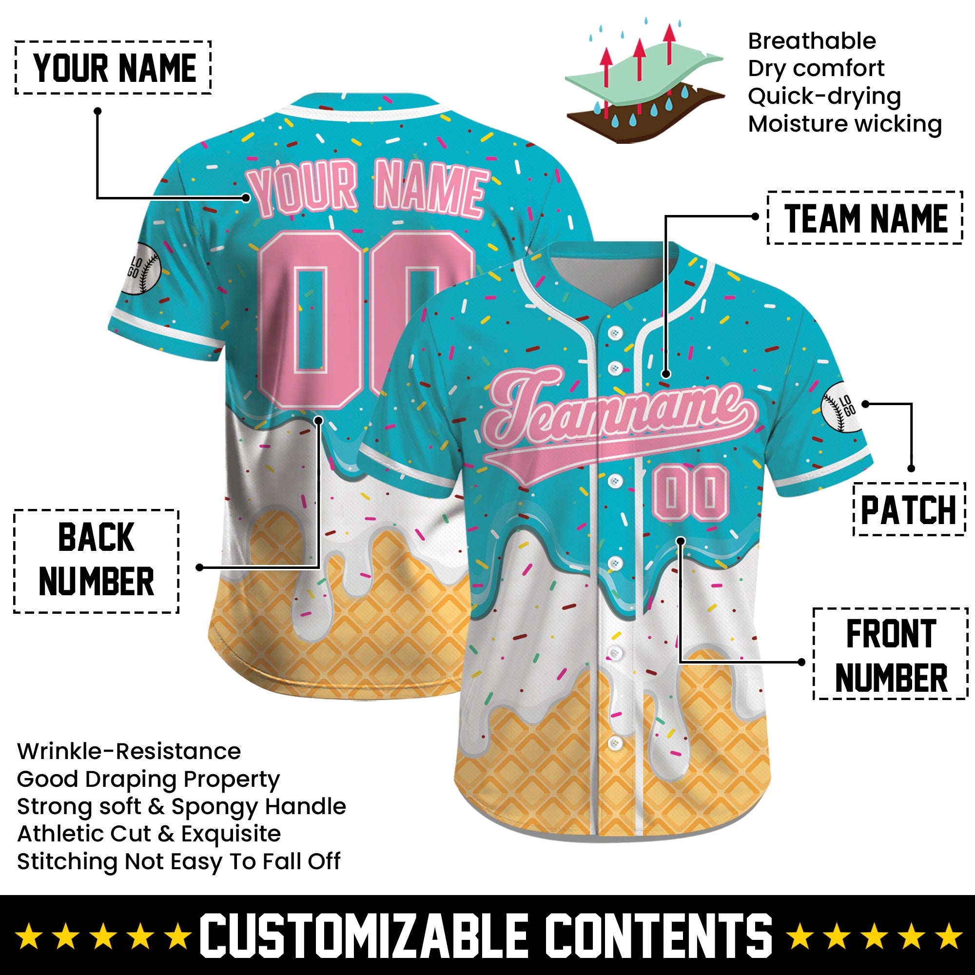 Custom Aqua Pink Ice Cream Drip Baseball Jersey