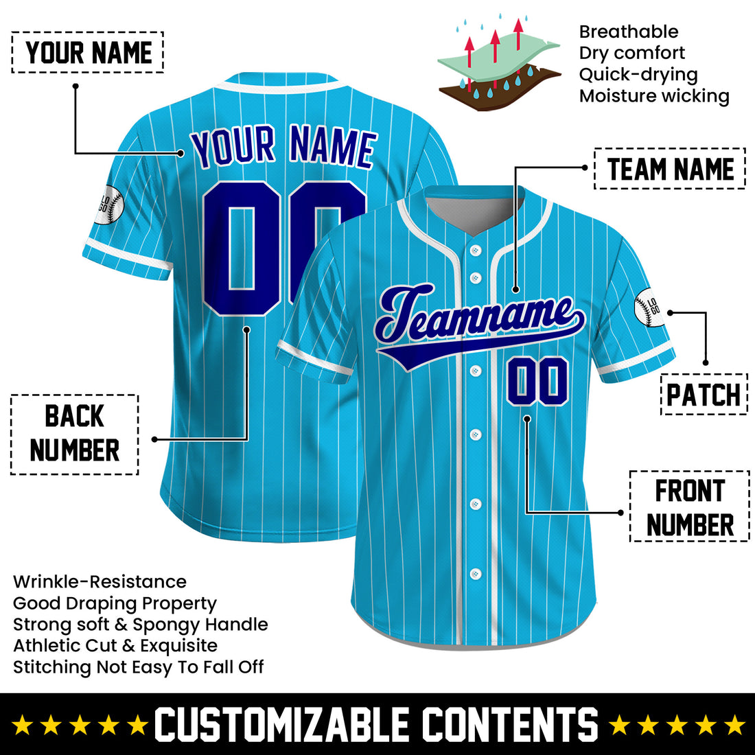 Custom Athletic Baseball Jersey, Blue and White Pinstripe Baseball Shirt for All Ages and Sizes