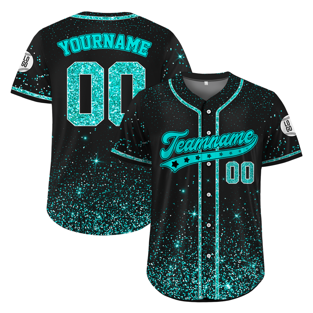 Custom Black Aqua Glitter Cheer Baseball Jersey, Custom Cheer Uniform Apparel for Youth & Adult Squads