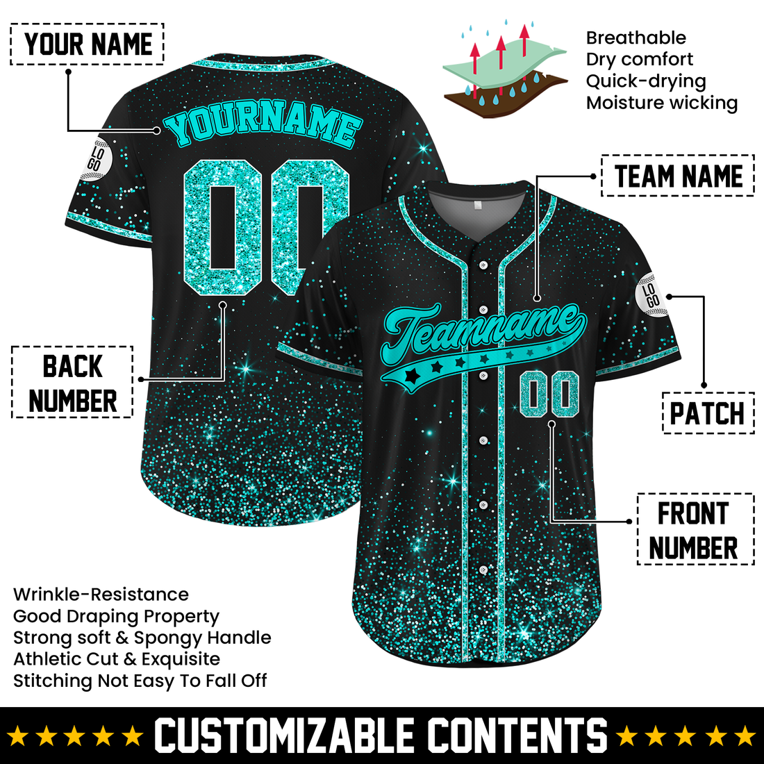 Custom Black Aqua Glitter Cheer Baseball Jersey, Custom Cheer Uniform Apparel for Youth & Adult Squads