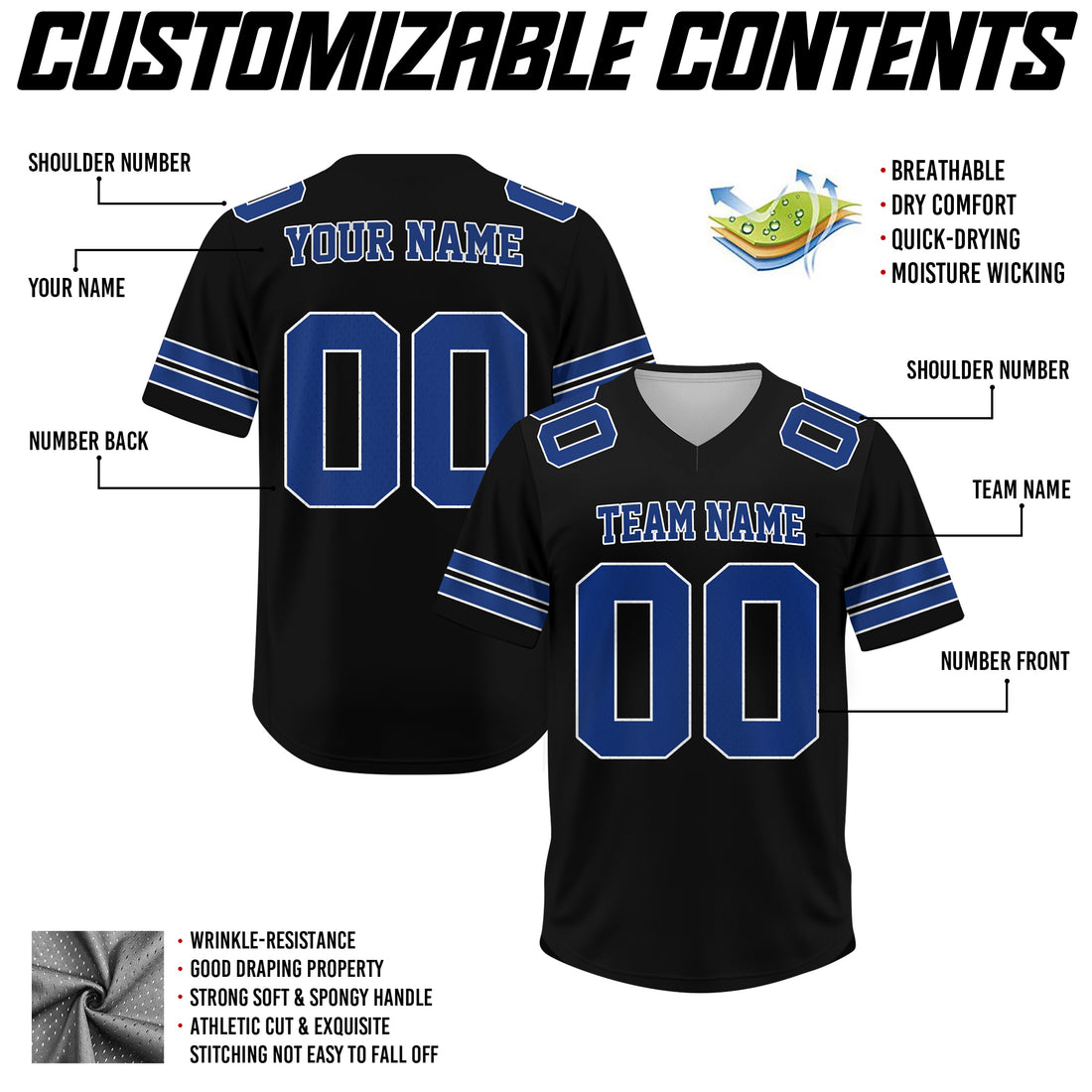 Custom Black Blue Football Jersey, Game Day Outfit For American Football Fan