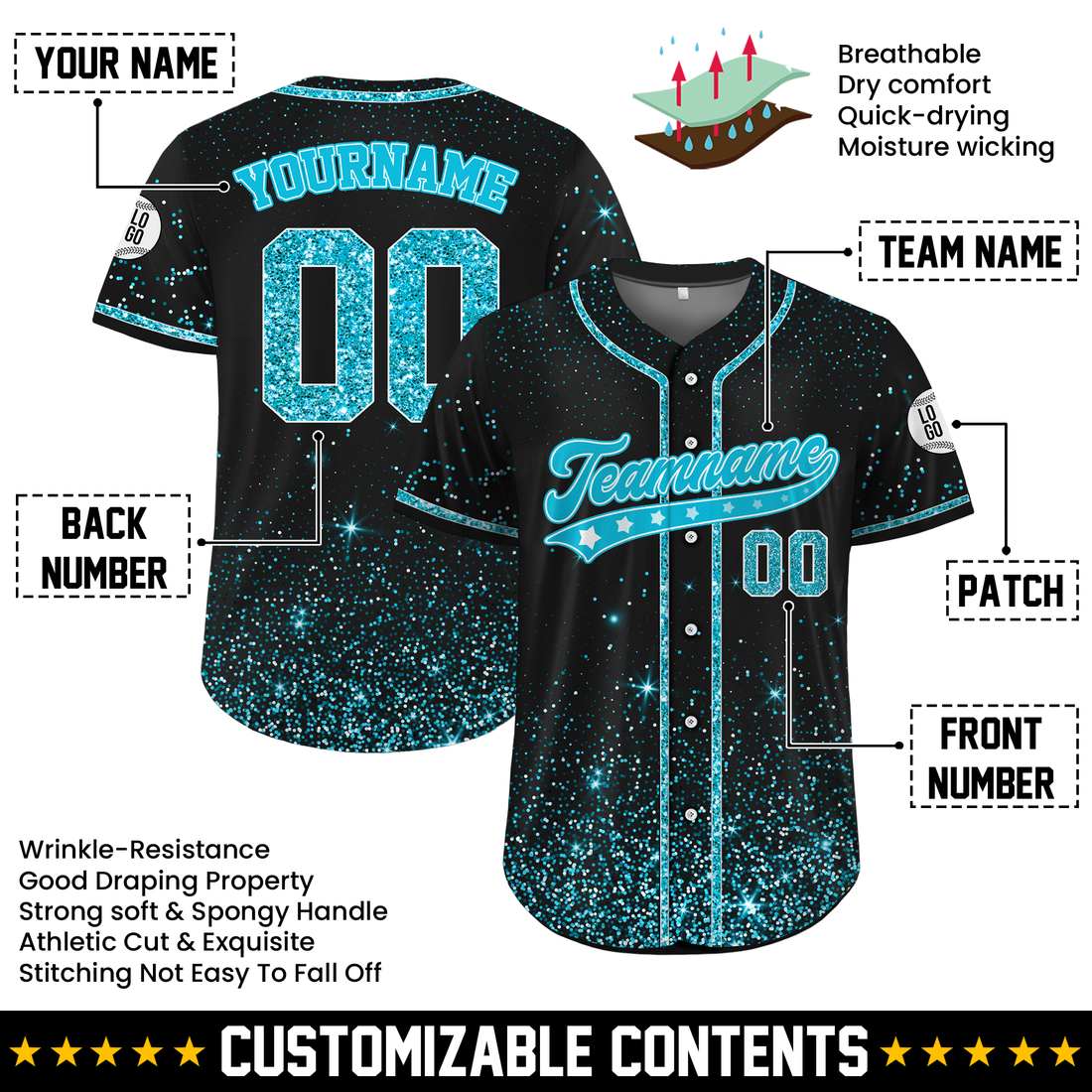 Custom Black Blue Glitter Cheer Baseball Jersey, Custom Team Uniform for Cheerleaders