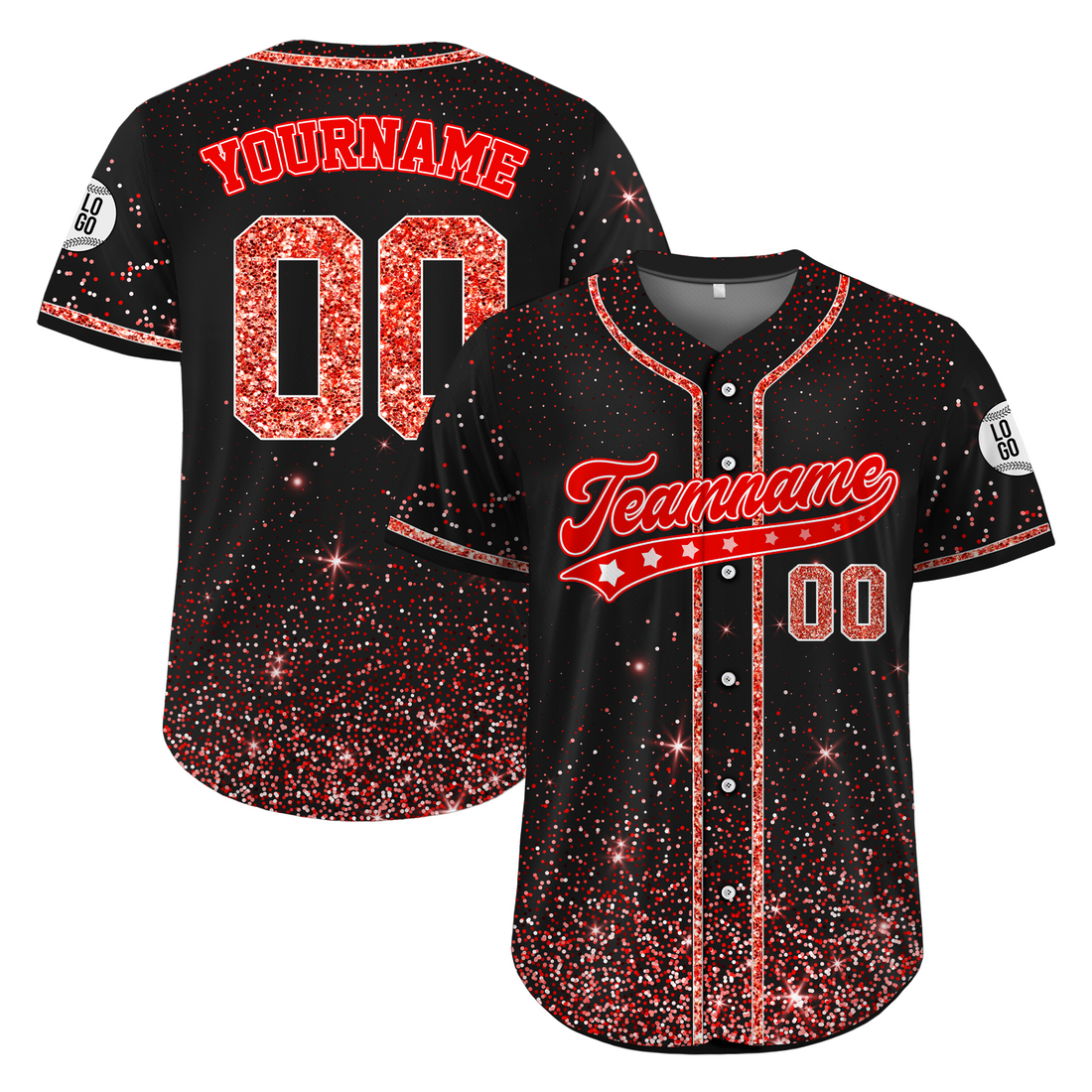 Custom Black Bright Red Glitter Cheer Baseball Jersey, Cheer Squad Shirts for Youth & Adult Groups