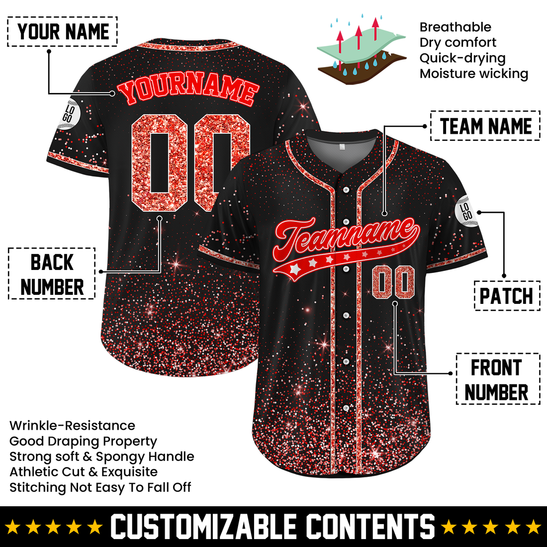 Custom Black Bright Red Glitter Cheer Baseball Jersey, Cheer Squad Shirts for Youth & Adult Groups
