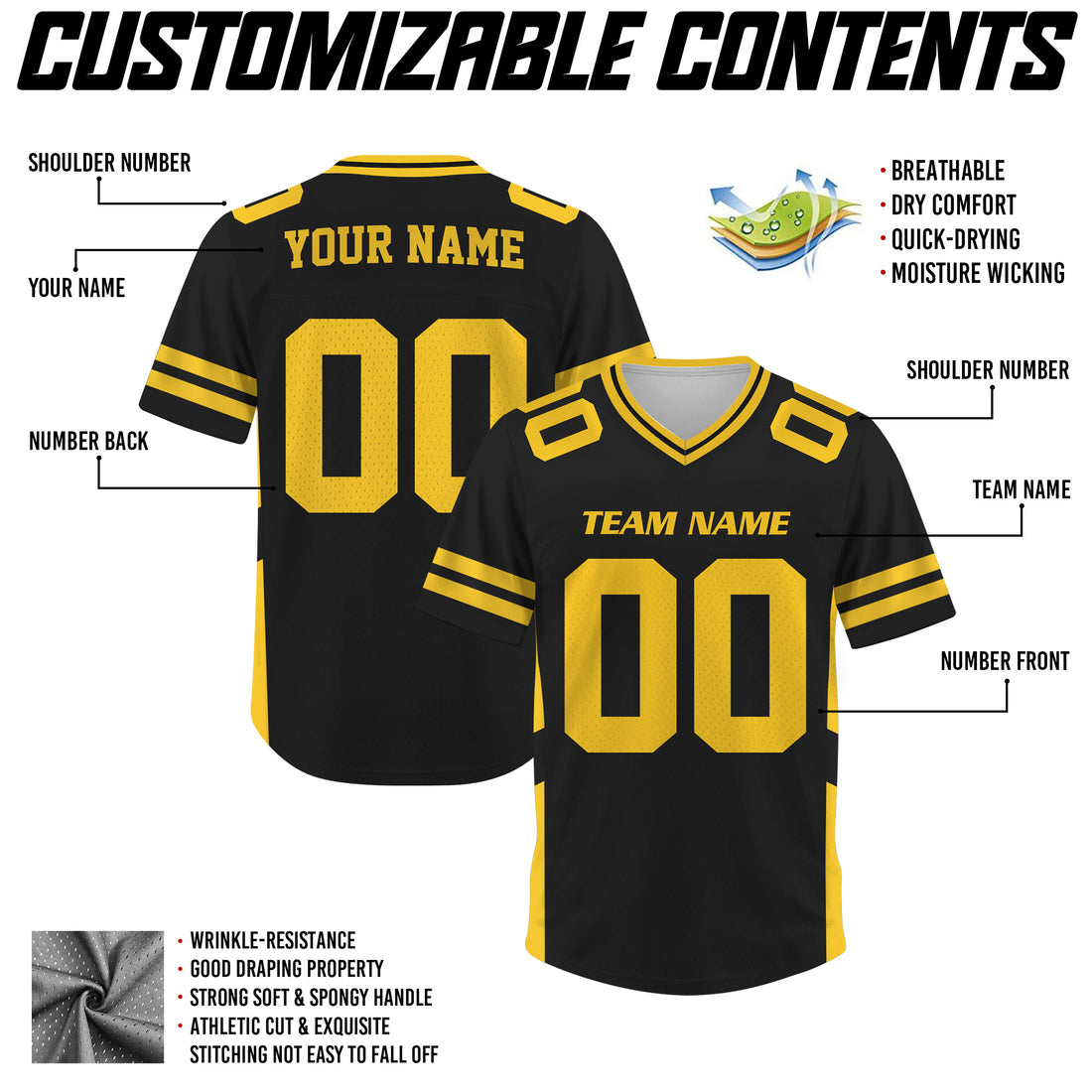 Custom Black Gold Football Jersey, Gift For Fan Football Team Shirt