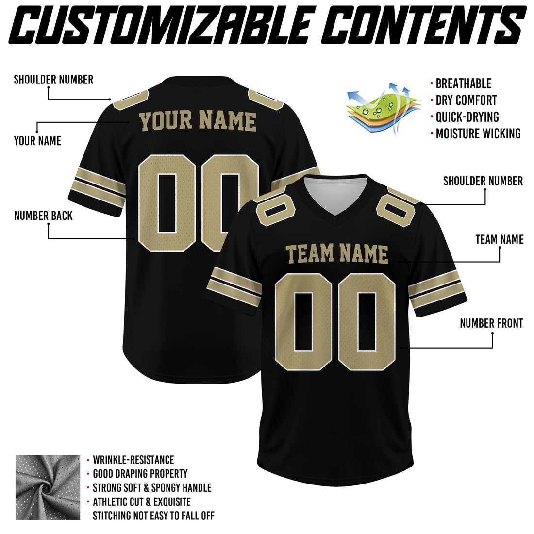 Custom Black Gold Football Jersey, Gift For Fan Football Team Shirt