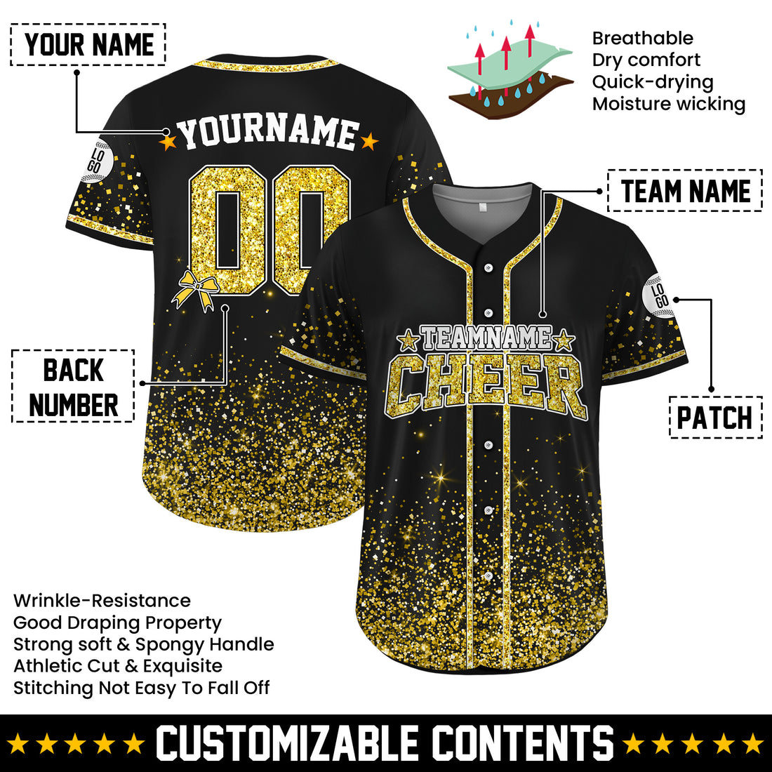 Custom Black Gold Glitter Cheer Baseball Jersey, Custom Cheerleading Uniform for Squads Individuals