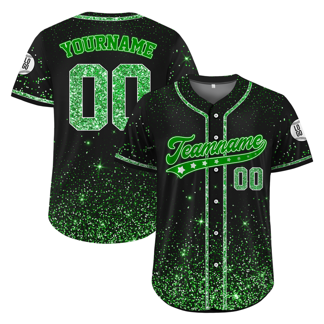 Custom Black Green Glitter Cheer Baseball Jersey, Cheer Uniform Top for Women's Squads