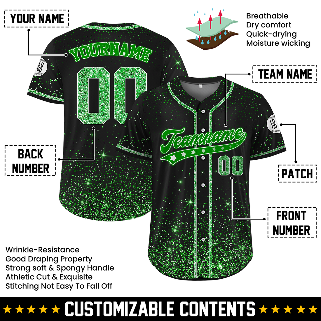 Custom Black Green Glitter Cheer Baseball Jersey, Cheer Uniform Top for Women's Squads