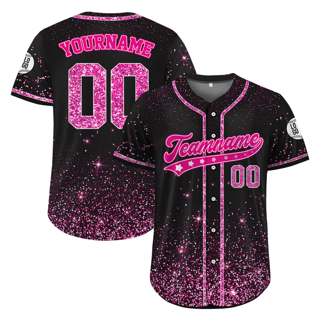 Custom Black Hot Pink Glitter Cheer Baseball Jersey, Glitter Jersey Top in Women’s Sizes S-4XL