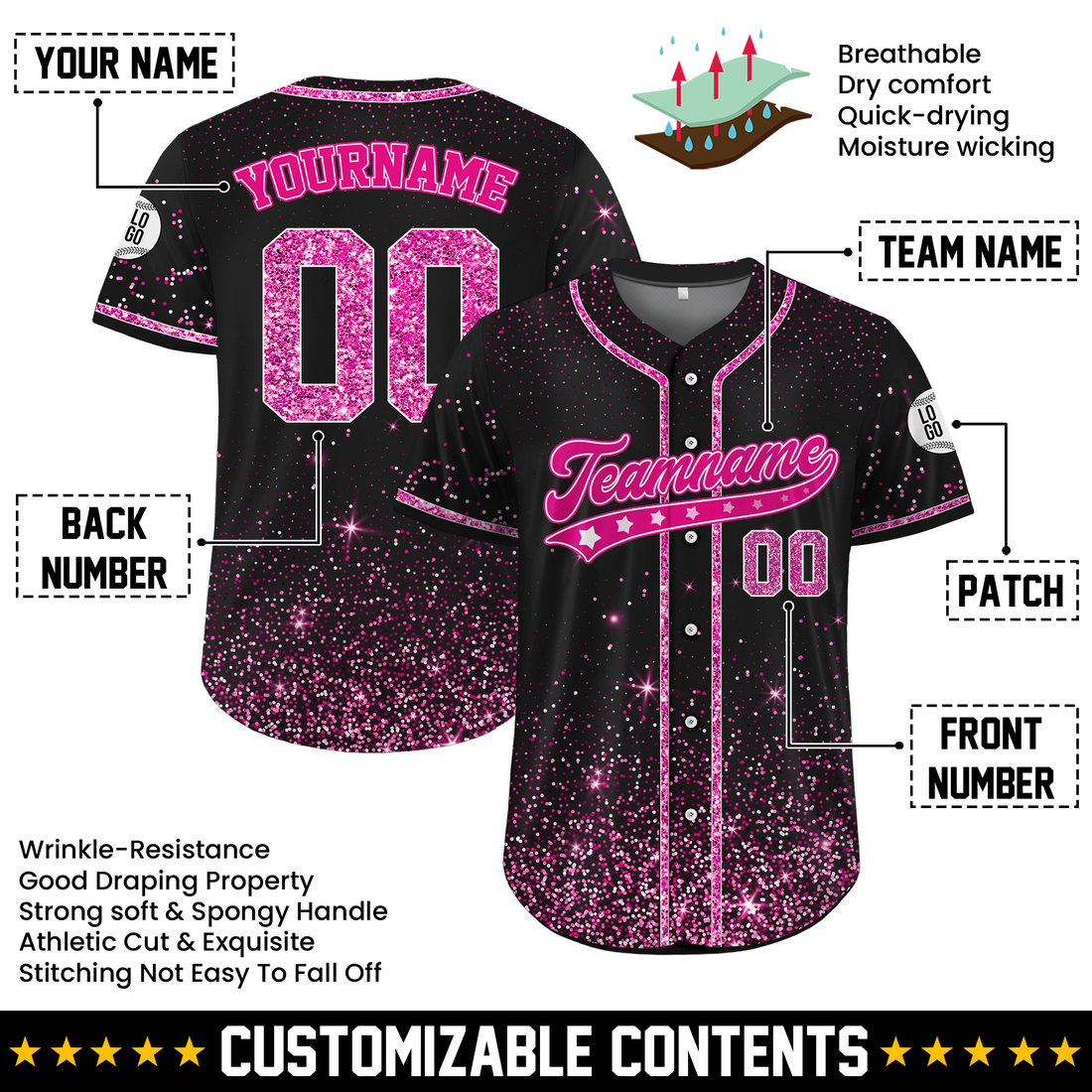 Custom Black Hot Pink Glitter Cheer Baseball Jersey, Glitter Jersey Top in Women’s Sizes S-4XL