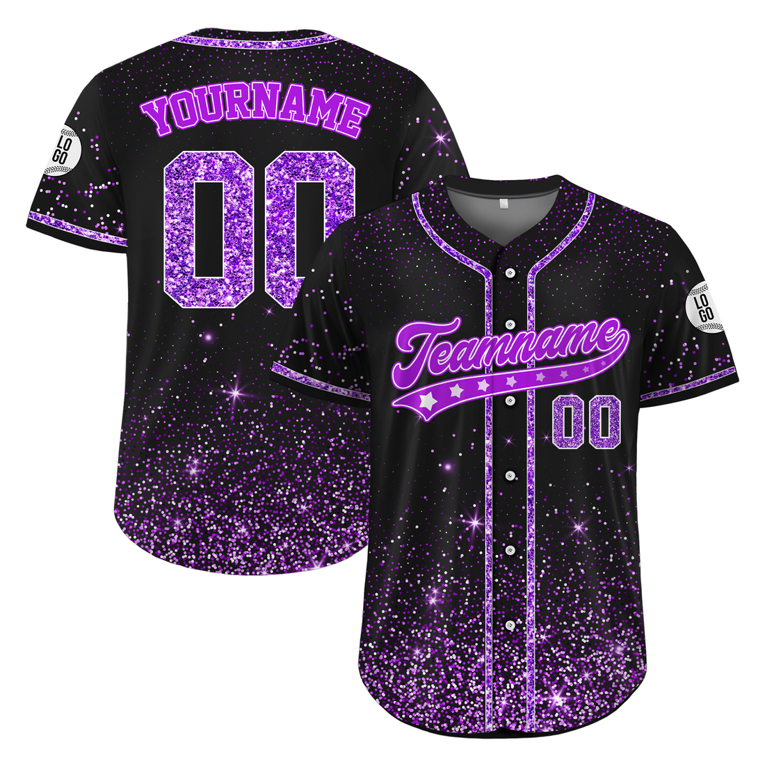 Custom Black Light Purple Glitter Cheer Baseball Jersey, Cheer Team Spirit Wear & Uniform Tops