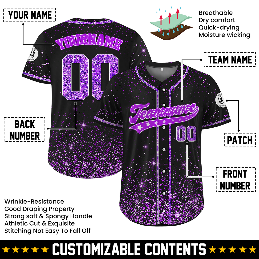 Custom Black Light Purple Glitter Cheer Baseball Jersey, Cheer Team Spirit Wear & Uniform Tops