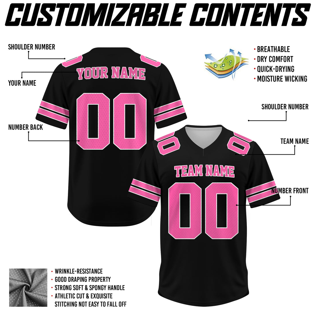 Custom Black Pink Football Jersey, Game Day Outfit For American Football Fan