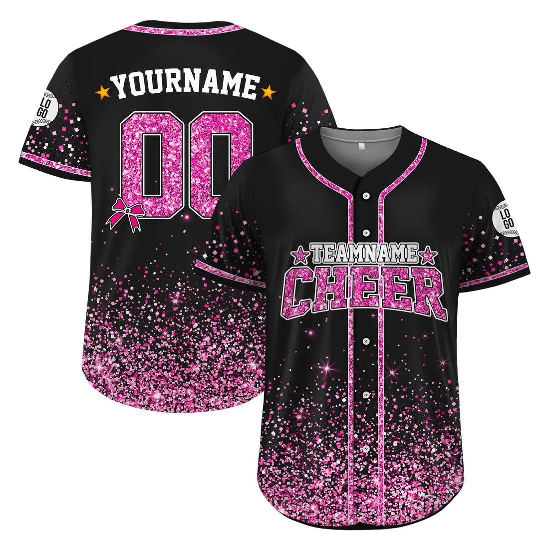 Custom Black Pink Glitter Cheer Baseball Jersey, Personalized Cheerleading Team Shirt