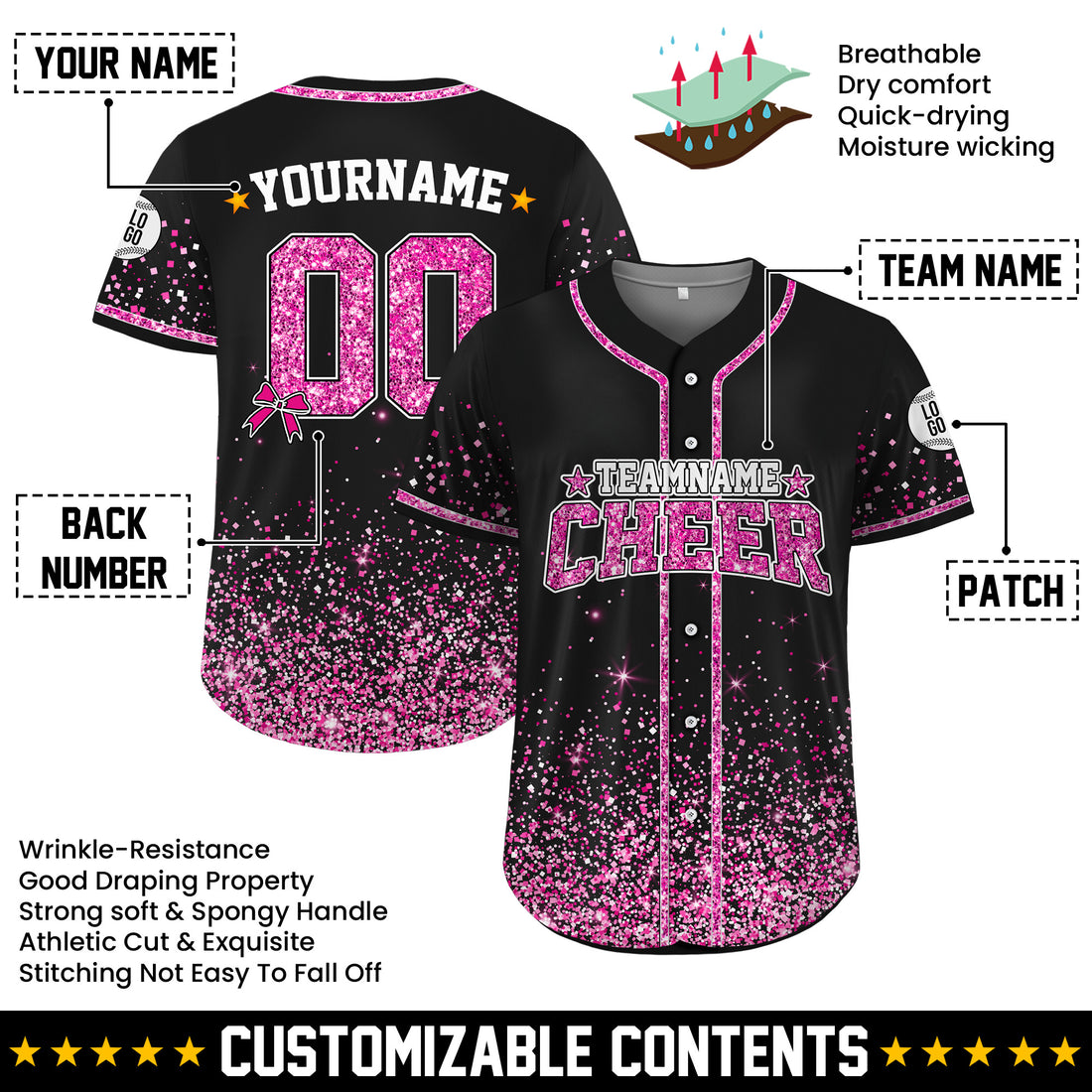 Custom Black Pink Glitter Cheer Baseball Jersey, Personalized Cheerleading Team Shirt