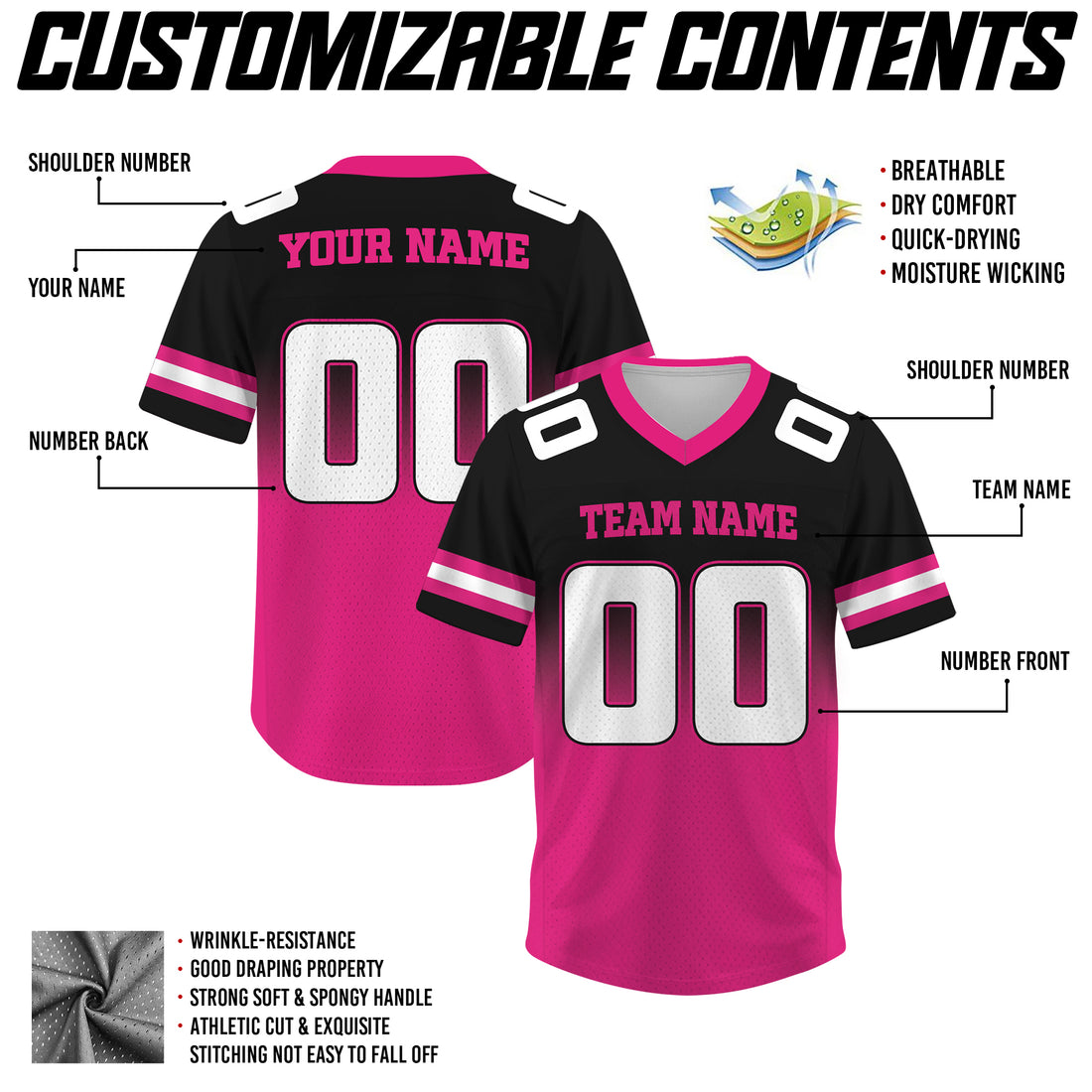 Custom Black Pink Gradient Football Jersey, Personalized Team Name Number Football Jersey for Men Women Youth