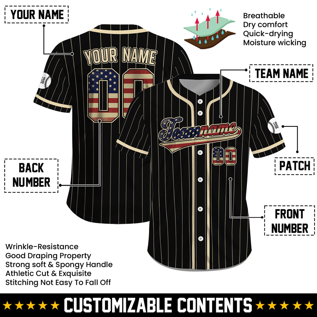 Custom Black Pinstripe USA Patriot July 4th Jersey