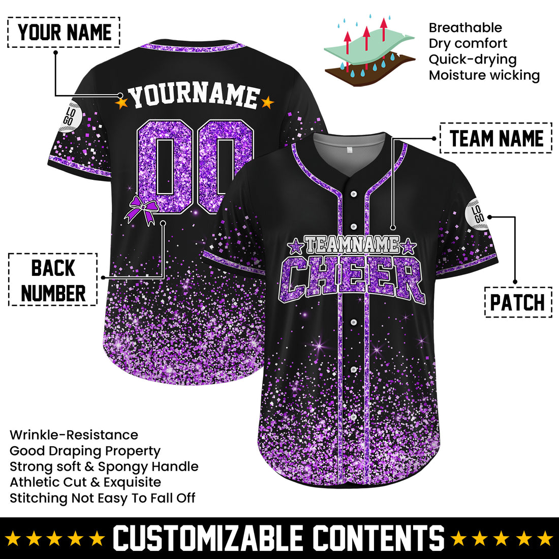 Custom Black Purple Glitter Cheer Baseball Jersey, Custom Glitter Team Apparel for Any Size